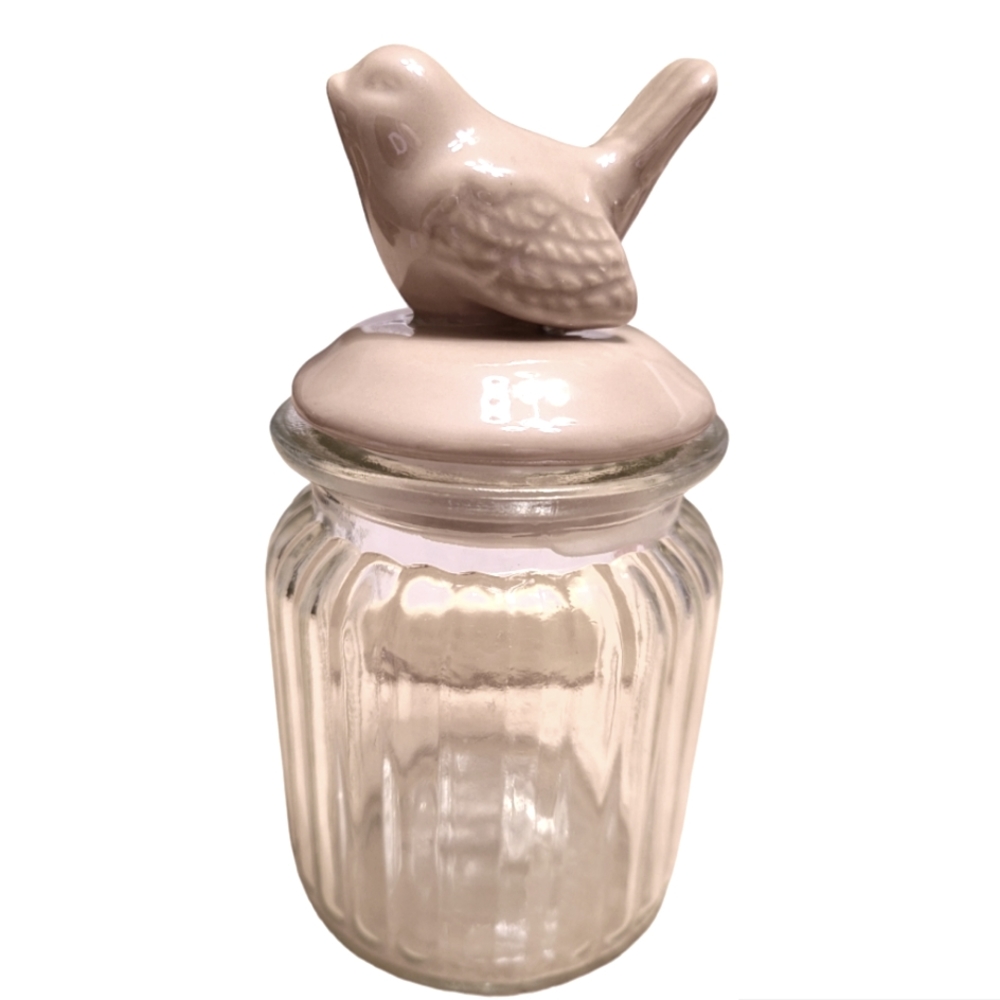 GLAS JAR "BIRD" LIGHT BROWN LID CLEAR GLAS